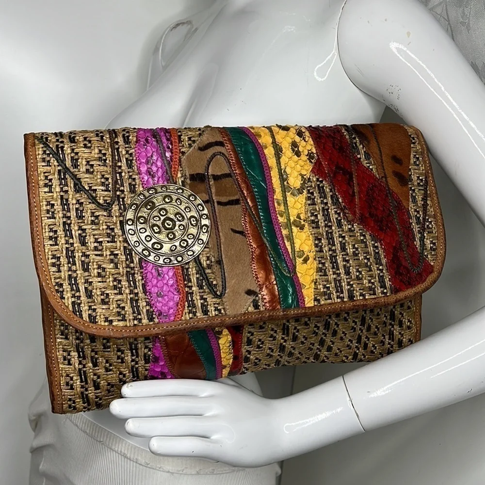 Carlos Falchi Woven Leather and Hemp and Exotic Patchwork of Skins Clutch Bag